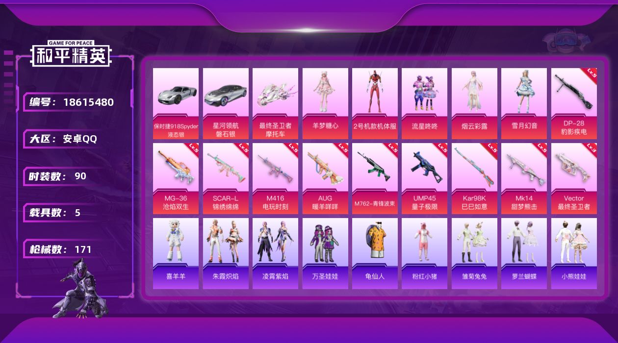 和平精英账号安卓QQ[18615480]安卓 手Q-5粉装-12特效枪-5载具-6粉色飞行器-61127热力值-4王牌印记-90套装-171枪皮
【热门品类】：套装-龟仙人，套装-粉红小猪
【粉色套装】：角色-2号机款机