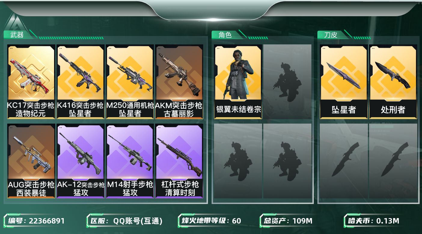 三角洲行动账号QQ【6777】109m总资产-131k哈夫币-60烽火等级-白银-20战场等级-上等兵
【干员外观】：