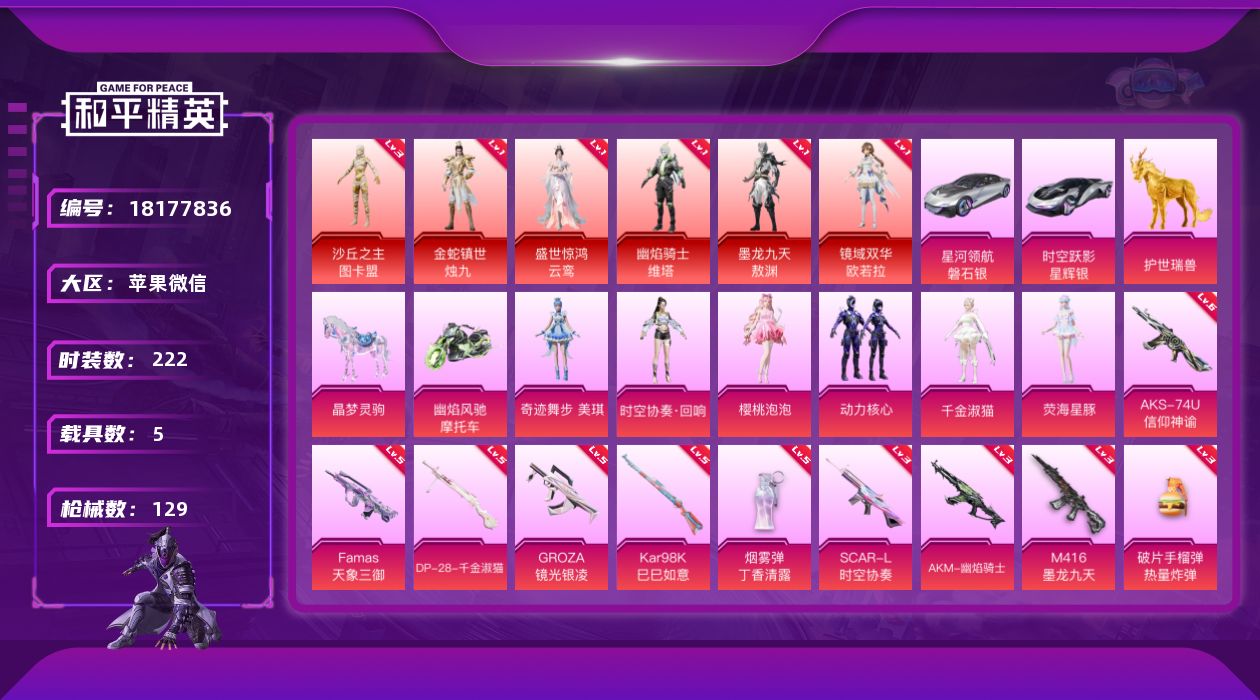 和平精英账号苹果微信5载具-67套装-129枪皮-6红装5载具6粉装15特效枪1热门67套装129枪皮 57646热力值