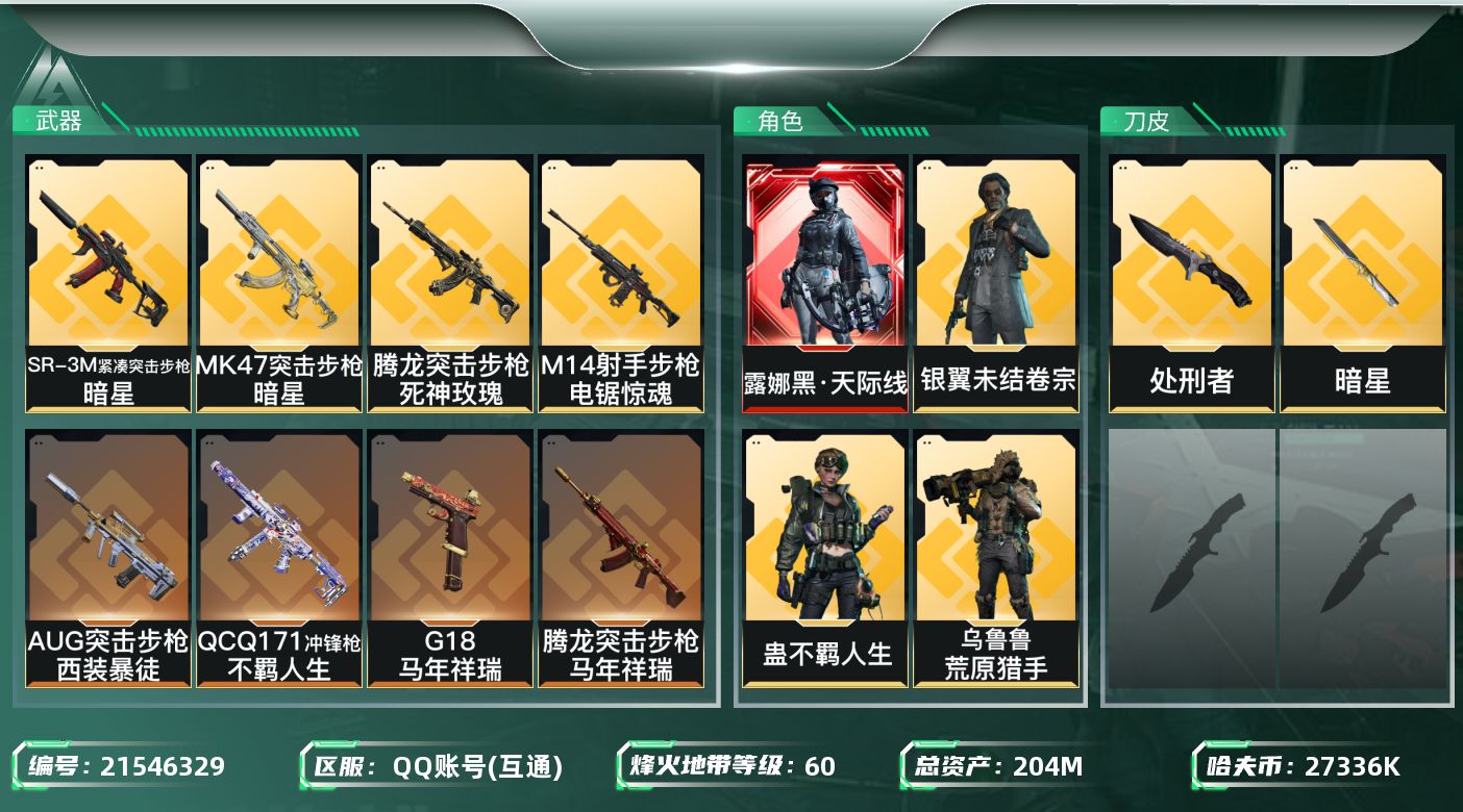 三角洲行动账号QQ【SJZDHC3113】DHC32043 天际线/暗星 204m总资产-27336k哈夫币-60烽火
