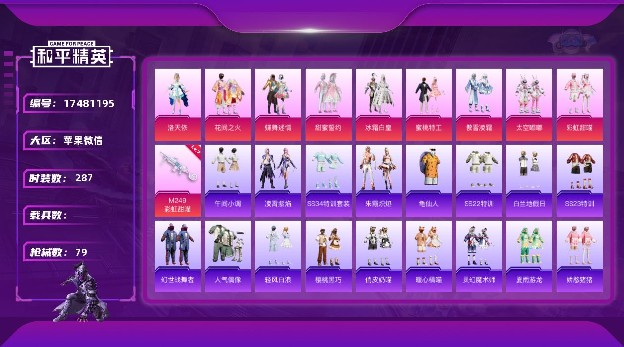 和平精英账号苹果微信0载具-74套装-79枪皮-9粉装1特效枪6热门74套装79枪皮 27491热力值 4印记 历史超级