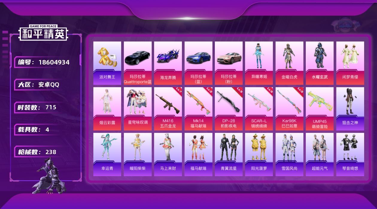 和平精英账号安卓QQ[18604934]6粉装 6特效枪 4载具 11印记 可二次 可修改实名 
【热门装扮】星穹咏叹调