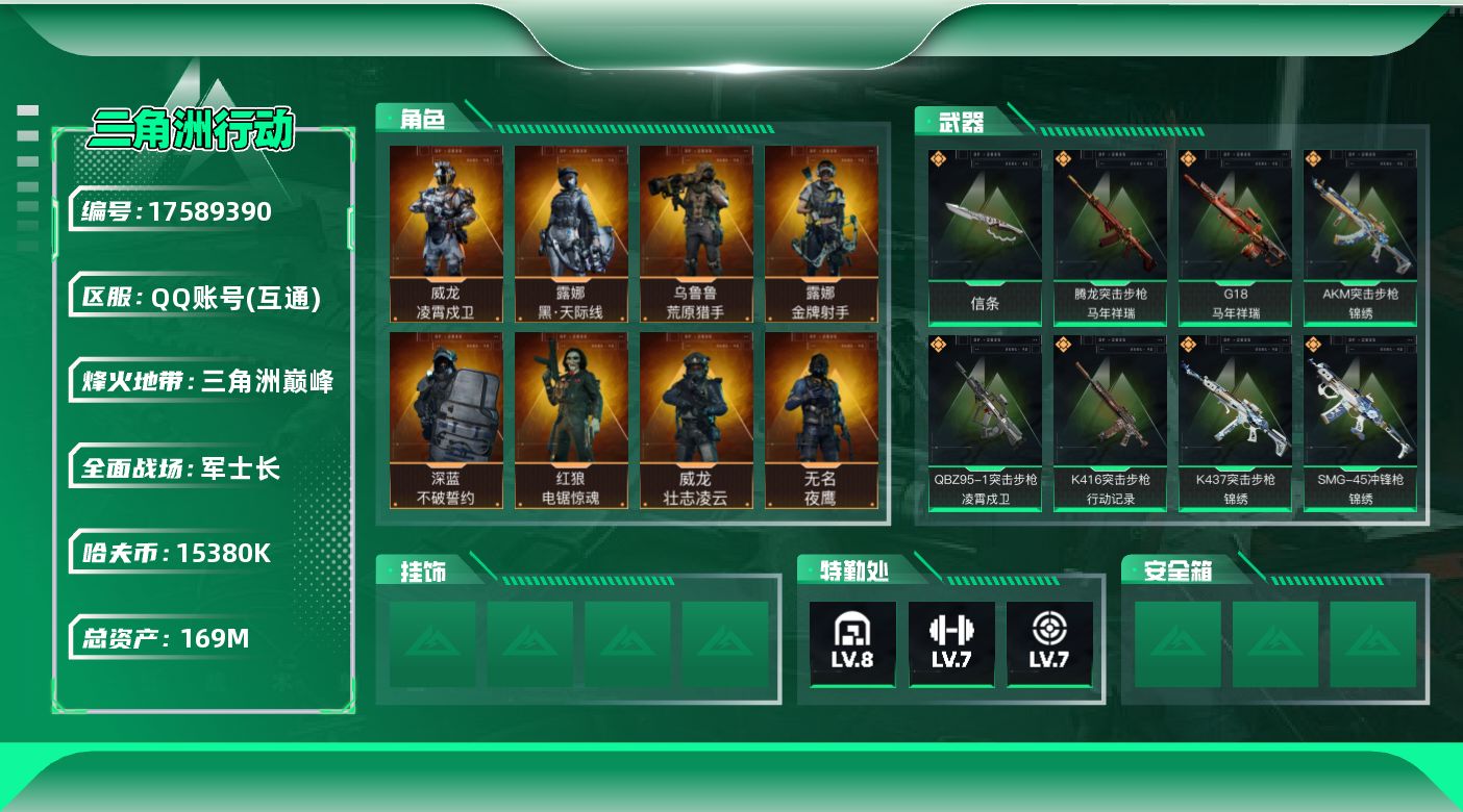 三角洲行动账号QQ【4636】169m总资产-15380k哈伏币-60烽火等级-三角洲巅峰-44战场等级-军士长
【干