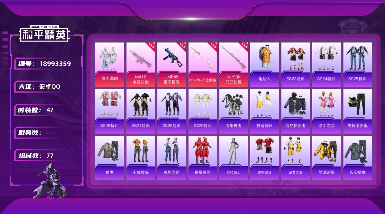 和平精英账号安卓QQ[18993359]安卓 手Q-1粉装-4特效枪-0载具-0粉色飞行器-21583热力值-3王牌印记-47套装-77枪皮
【热门品类】：套装-龟仙人
【粉色套装】：粉装-金丰海韵
【粉色枪皮等级】：M