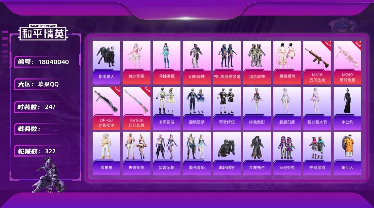 和平精英账号苹果QQ[18040040]苹果 手Q-无敌战神框-6粉装-7特效枪-0载具-3粉色飞行器-94979热力值-24王牌印记-247套装-322枪皮
【热门品类】：套装-都市猎人，套装-龟仙人
【粉色套装】：角