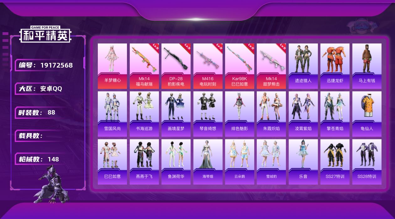 和平精英账号安卓QQ[19172568]安卓手Q-1粉装-5特效枪-2粉色飞行器-35802热力值-4王牌印记-88套装-148枪皮
【热门品类】：套装-龟仙人
【粉色套装】：角色-羊梦糖心
【粉色枪皮等级】：M416-