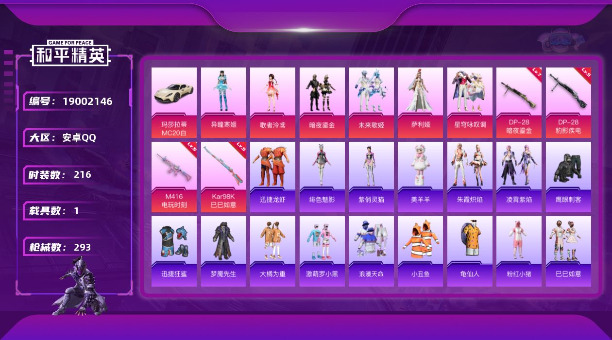 和平精英账号安卓QQ[19002146]216套装/枪械4/装备354/载具1/战备208/王牌印记12/热力值82330/五级M416-电玩时刻/五级Kar98K-巳巳如意/七级DP-28-暗夜鎏金/五级DP-28-豹