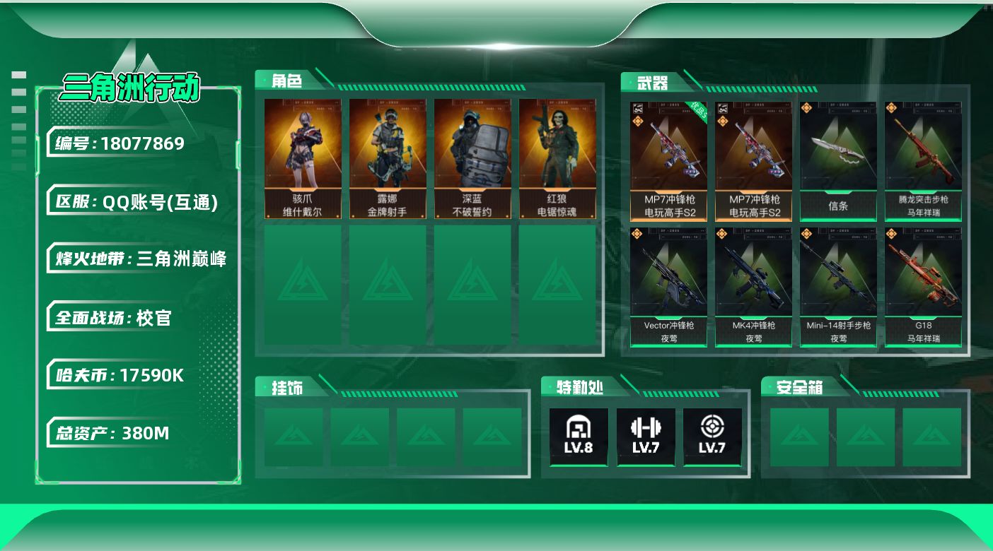 三角洲行动账号QQ380m总资产-17590k哈夫币-60烽火等级-三角洲巅峰-37战场等级-校官
【干员外观】：骇爪-维什戴尔，深蓝-不破誓约，红狼-电锯惊魂，露娜-金牌射手，蛊-不羁人生
【近战皮肤】：近战-信条，