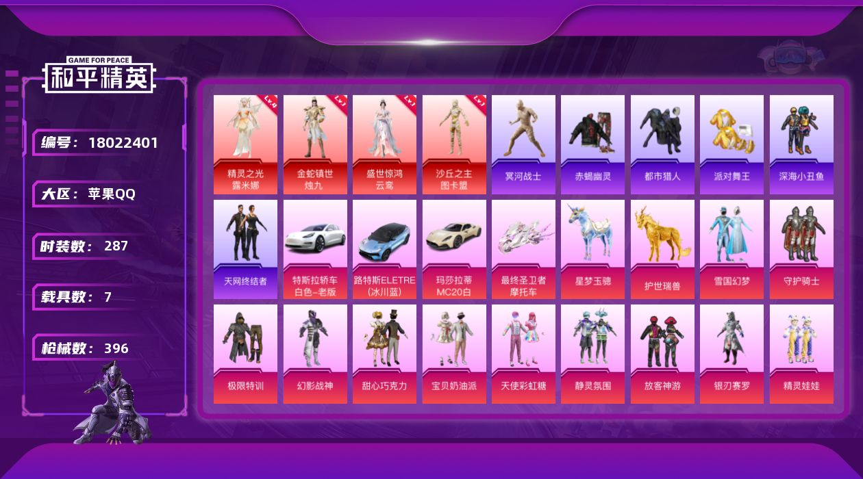 和平精英账号苹果QQ[18022401]老木乃伊/无敌战神框1 【特价出售/店主推荐】 苹果 手Q-无敌战神框-4神装-19粉装-21特效枪-7载具-22粉色飞行器-152366热力值-17王牌印记-287套装-396枪