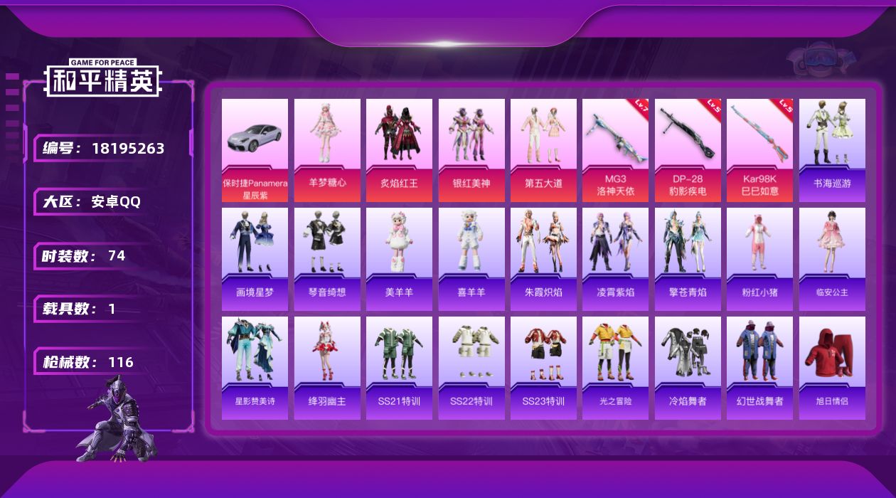 和平精英账号安卓QQ[18195263]【特价出售/店主推荐】安卓 手Q-5粉装-4特效枪-1载具-3粉色飞行器-37099热力值-2王牌印记-74套装-116枪皮【热门品类】：套装-粉红小猪【粉色套装】：粉装-炙焰红王