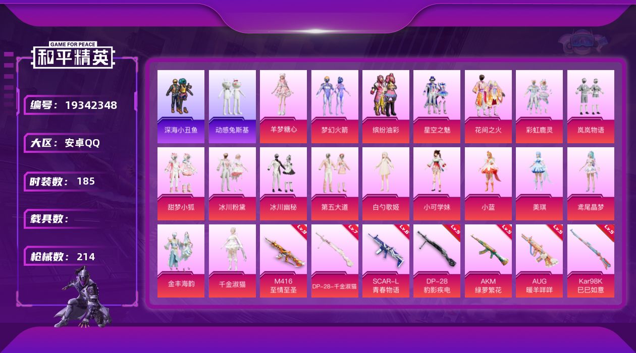 和平精英账号安卓QQ[19342348]DAS13101 (可二次实名) 安卓Q-1稀有18粉装7特效枪22热门185套装214枪皮 71344热力值 13印记 历史卓越王牌14星  梦幻火箭  缤纷油彩 满级M416-