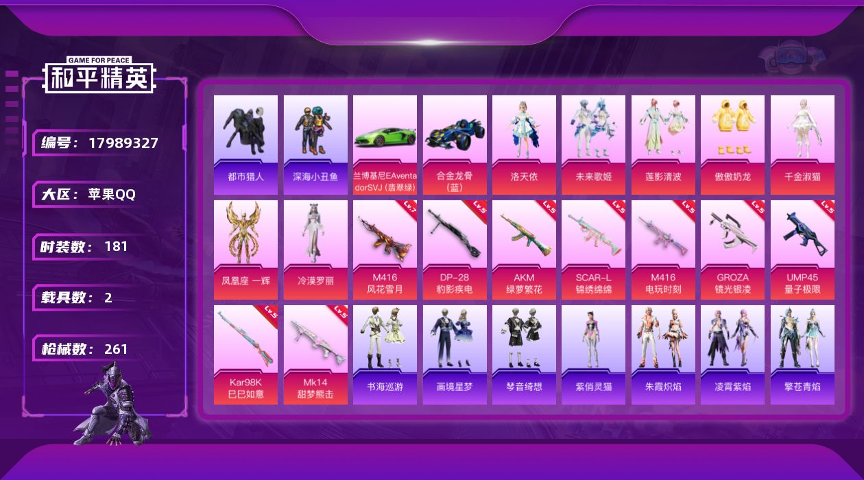 和平精英账号苹果QQ[17989327]苹果 手Q-7粉装-10特效枪-2载具-6粉色飞行器-81879热力值-15王牌印记-181套装-261枪皮
【热门品类】：绝对防御上衣，套装-浪漫天命，套装-都市猎人，套装-深海