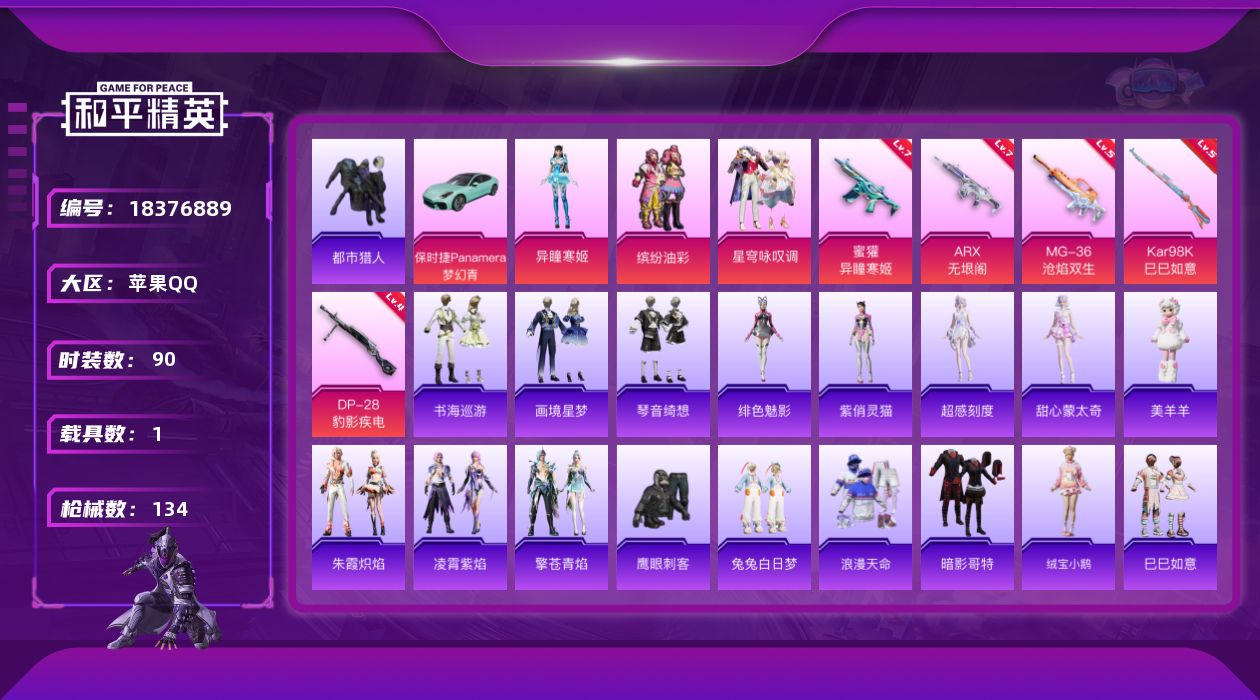 和平精英账号苹果QQ[18376889]苹果 手Q-3粉装-8特效枪-1载具-3粉色飞行器-40991热力值-6王牌印记-90套装-134枪皮
【热门品类】：粉装-缤纷油彩，套装-浪漫天命，套装-都市猎人，套装-暗影哥特