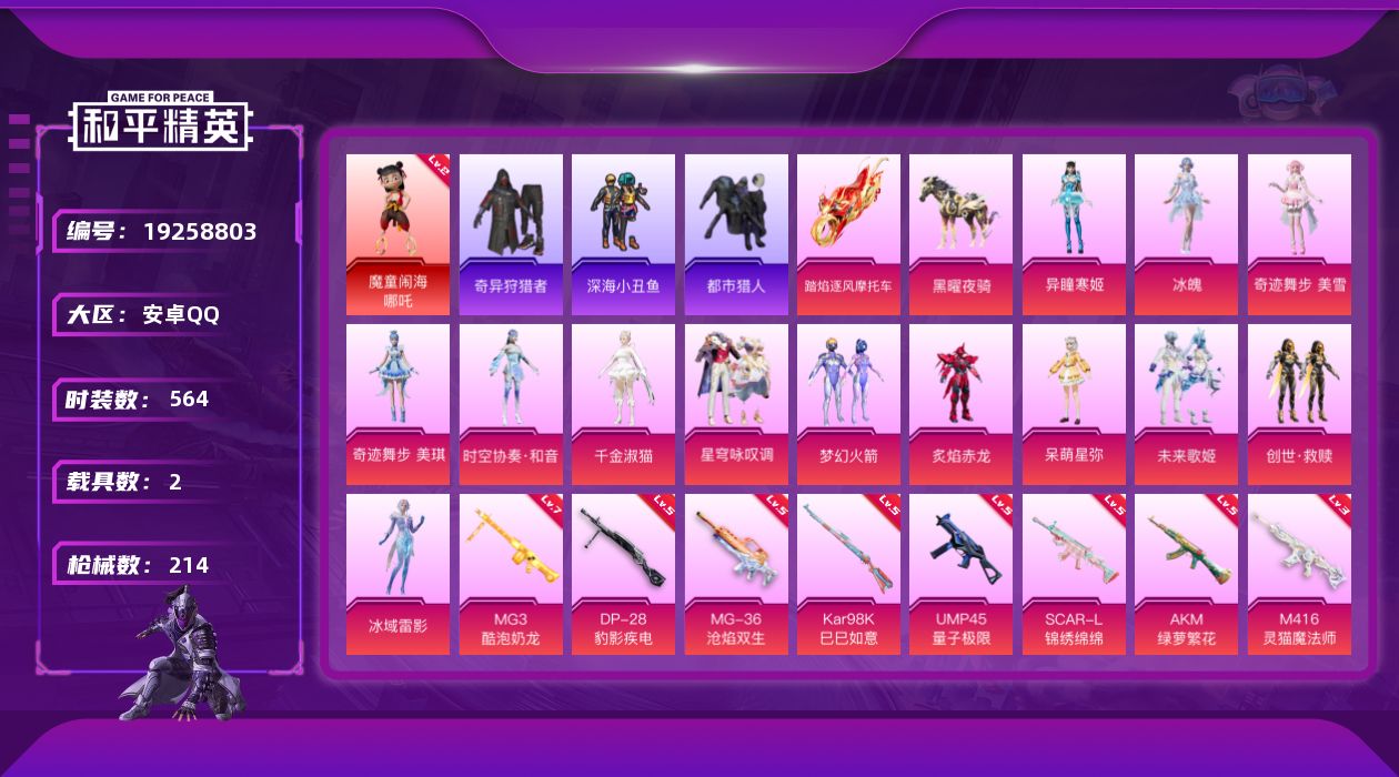和平精英账号安卓QQ2载具-159套装-214枪皮-秒换绑1红装2稀有2载具13粉装10特效枪12热门159套装214枪