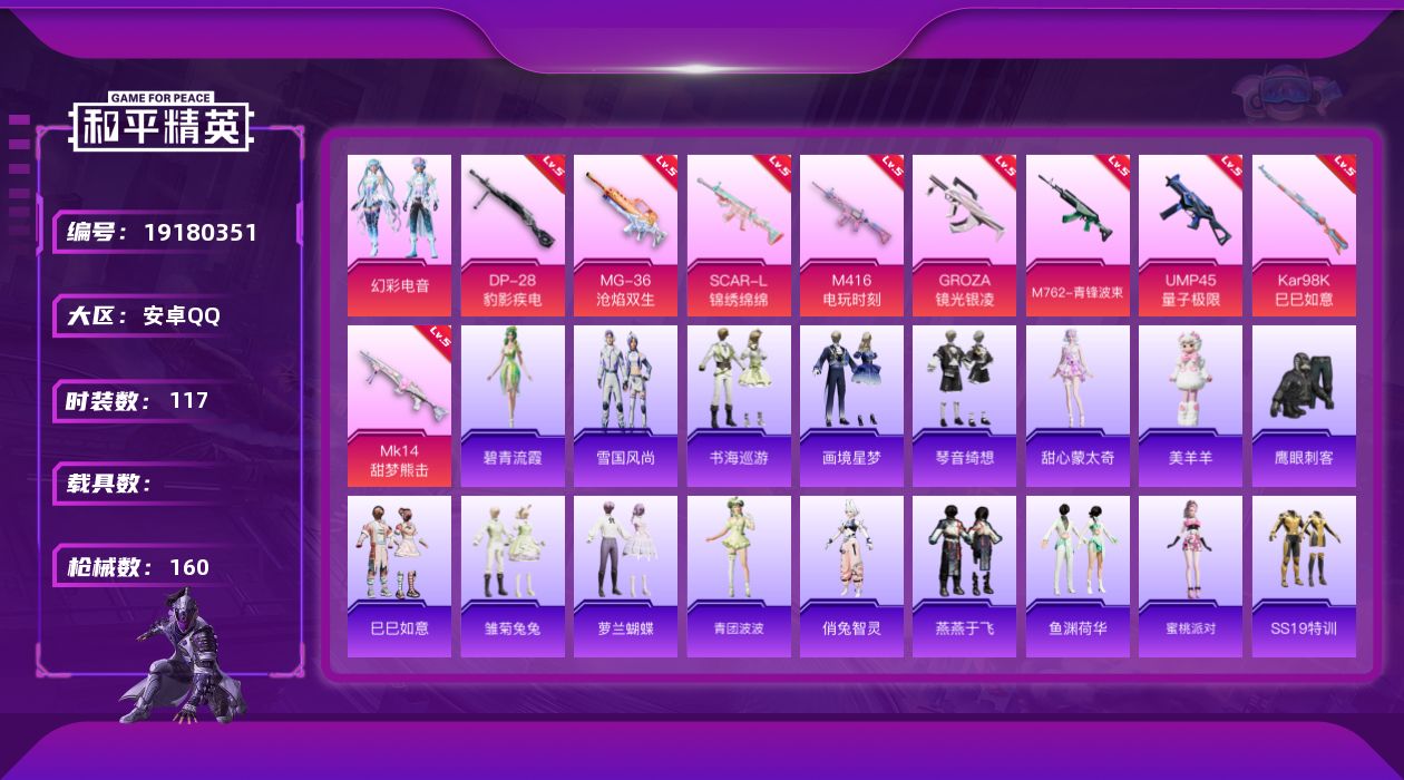 和平精英账号安卓QQ[19180351]安卓 手Q-1粉装-9特效枪-0载具-0粉色飞行器-44529热力值-3王牌印记-117套装-160枪皮
【粉色套装】：粉装-幻彩电音
【粉色枪皮等级】：SCAR-L-锦绣绵绵(五