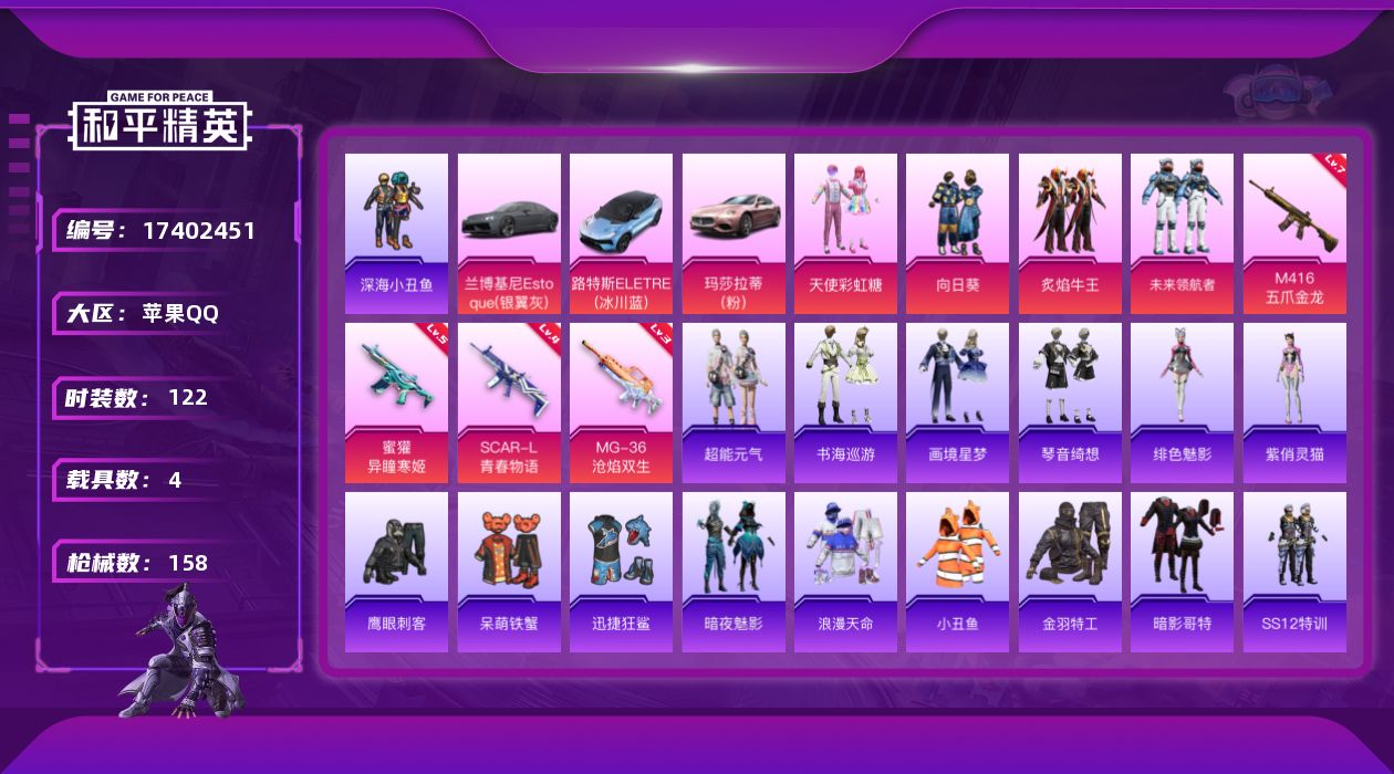 和平精英账号苹果QQ[17402451]苹果 手Q-5粉装-9特效枪-4载具-4粉色飞行器-56345热力值-7王牌印记-122套装-158枪皮
【热门品类】：套装-浪漫天命，套装-深海小丑鱼，套装-小丑鱼，套装-金羽特