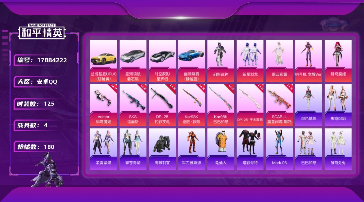 和平精英账号安卓QQ[17884222]安卓 手Q-5粉装-9特效枪-4载具-3粉色飞行器-59761热力值-12王牌印记-125套装-180枪皮
【热门品类】：角色-军刀雅典娜，套装-龟仙人，套装-暗影哥特，角色-Ma