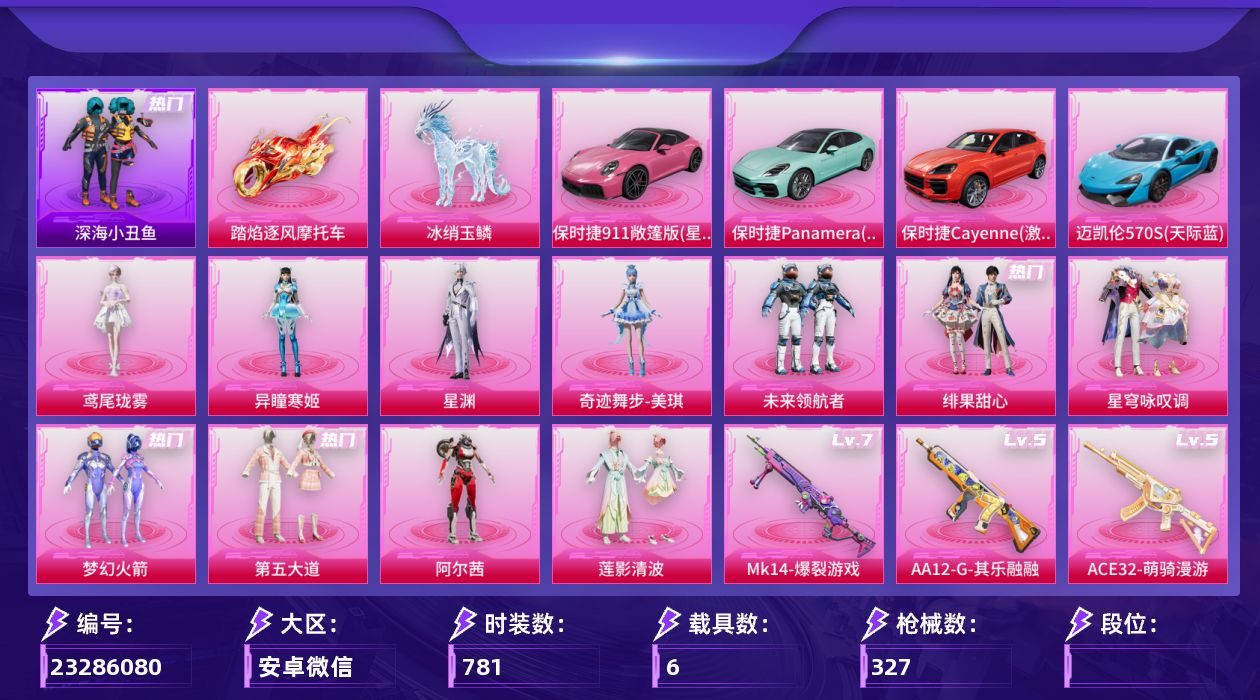 和平精英账号安卓微信【精品号手慢无】安卓微信-11粉装-11特效枪-6载具-10粉色飞行器-105076热力值-14王牌