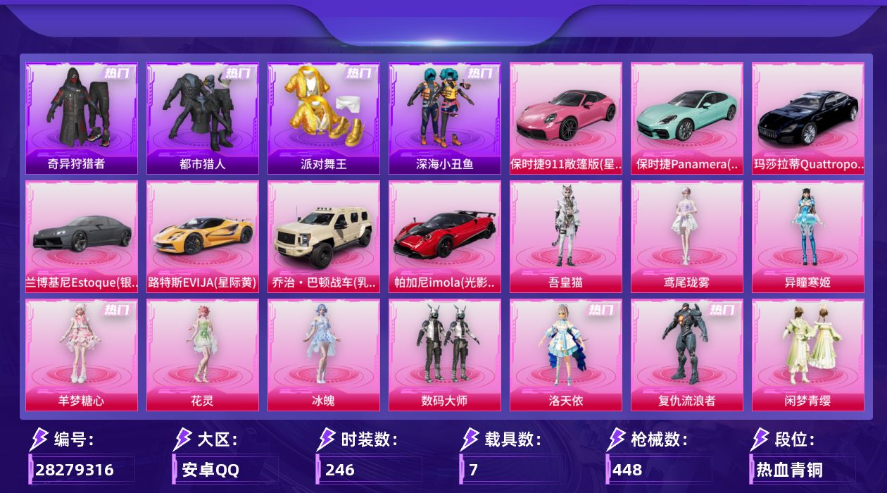 [28279316]安卓手Q-历史最高段位：超级王牌16星-13粉装-22特效枪-7载具-8粉色飞行器-143064热力值-23王牌印记-246套装-448枪皮
【热门品类】：套装-都市猎人，套装-派对舞王，套装-深海小丑鱼，套装-奇异狩猎者，套装-龟仙人，角色-Mark.06
【粉色套装】：粉装-数码大师，角色-洛天依，角色-复仇流浪者，粉装-闲梦青缨，粉装-炫光之旅，套装-创世·救赎，粉装-星穹咏叹调，角色-花灵，角色-冰魄，角色-羊梦糖心，角色-异瞳寒姬，角色-鸢尾珑雾，角色-吾皇猫
【粉色枪皮等级】：AKM-炫紫旋律(四级)，AKM-绿萝繁花(五级)，SCAR-L-锦绣绵绵(五级)，M416-心之恋语(四级)，M416-电玩时刻(五级)，GROZA-镜光银凌(五级)，AUG-超新星(七级)，蜜獾-异瞳寒姬(五级)，ACE32-萌骑漫游(五级)，ACE32-百变纱华(三级)，UMP45-量子极限(五级)，Vector-流风之羽(五级)，汤姆逊-冰川粉黛(七级)，汤姆逊-玉魄流云(五级)，AKS-74U-星穹咏叹调(七级)，Kar98K-巳巳如意(五级)，Mk14-樱桃泡泡(二级)，Mk14-甜梦熊击(五级)，Mk14-福马献瑞(五级)，AA12-G-其乐融融(五级)，DP-28-豹影疾电(五级)，MG3-洛神天依(七级)
【粉色载具】：兰博基尼Estoque（银翼灰），路特斯EVIJA（星际黄），玛莎拉蒂Quattroporte（夜幕蓝），乔治巴顿战车（乳石白），帕加尼imola（光影红），保时捷911 敞篷版（星珀红），保时捷Panamera（梦幻青），僚机-萌兔起飞
【粉色枪皮】：AKM-炫紫旋律，AKM-绿萝繁花，SCAR-L-锦绣绵绵，M416-心之恋语，M416-电玩时刻，GROZA-镜光银凌，AUG-超新星，蜜獾-异瞳寒姬，ACE32-萌骑漫游，ACE32-百变纱华，UMP45-量子极限，Vector-流风之羽，汤姆逊-冰川粉黛，汤姆逊-玉魄流云，AKS-74U-星穹咏叹调，Kar98K-巳巳如意，Mk14-樱桃泡泡，Mk14-甜梦熊击，Mk14-福马献瑞，AA12-G-其乐融融，DP-28-豹影疾电，MG3-洛神天依
【粉色飞行器】：炫彩糖果飞行器，雀灵庇佑飞行器，幻星舰长飞行器，飞天猪飞行器，暮色之舞飞行器，踏卷乘风飞行器，云梦轻舟飞行器，惊雷剑影飞行器
【粉色