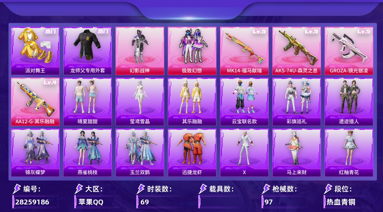 [28259186]苹果手Q-历史最高段位：卓越王牌8星-2粉装-4特效枪-26242热力值-5王牌印记-69套装-97枪皮
【热门品类】：套装-浪漫天命，套装-派对舞王，套装-忍者信条，套装-暗影哥特，师父专用外套，熔岩游骑兵连帽夹克
【粉色套装】：粉装-幻影战神，粉装-极致幻想
【粉色枪皮等级】：GROZA-镜光银凌(五级)，AKS-74U-森灵之息(五级)，Mk14-福马献瑞(五级)，AA12-G-其乐融融(四级)
【粉色枪皮】：GROZA-镜光银凌，AKS-74U-森灵之息，Mk14-福马献瑞，AA12-G-其乐融融
【粉色降落伞】：幻影战神降落伞，千面幻镜降落伞，霓虹漫游降落伞，千金淑猫降落伞
【稀有套装】：角色-X，套装-马上来财，套装-迅捷龙虾，套装-遗迹猎人，套装-云宝联名款，套装-其乐融融，套装-彩旗巡礼，套装-晴夏甜甜，套装-黑曜晚宴，套装-香桃花海，套装-极速领航，套装-糖糖葫芦，套装-青团波波，套装-棉花软糖，角色-都市丽猫，角色-摩登魅猫，套装-书海巡游，套装-画境星梦，套装-琴音绮想，套装-雨过天青，套装-红釉青花，套装-锦灰蝶梦，套装-燕雀桃枝，套装-玉兰双鹊，角色-莹鸢雪晶
【稀有枪皮】：AKM-龙的传人，M16A4-千金淑猫，M416-蓝色火焰，GROZA-影袭，AUG-幻影战神，AUG-甜蜜菠萝，M762-天降萌叽，AC-VAL-六号稻草人，ACE32-画境星梦，UZI-幻影战神，UZI-炫彩节奏，UMP45-夜灯，Vector-彩虹符号，汤姆逊-幻影战神，汤姆逊-像素花束，MP5K-画境星梦，MP7-G-锦灰蝶梦，Kar98K-幻影战神，Mini14-耀粉歌者，AMR-镜光幻境，M417-锦灰蝶梦，M1加兰德-画境星梦，S686-千金淑猫，S1897-锦灰蝶梦，S12K-幻影战神，AA12-G-画境星梦，DP-28-彩虹独角兽，M338-锦灰蝶梦，P18C-镜光幻境，蝎式手枪-千金淑猫，蝎式手枪-六号稻草人，突击盾牌-虎痴许褚，平底锅-锦灰蝶梦，平底锅-画境星梦
【其他套装】：套装-幻影武者，套装-战地督导，套装-旭日情侣，套装-暗影哥特，套装-浪漫天命，套装-海岛探路者，套装-潮流炫酷，套装-狂战萌兔，套装-白色伏地魔，套装-红色运动，套装-绮丽涂鸦，套装-蓝彩潮人，套装-长空猛禽，套装-阳光火鸡，套装-青年教官，套装-魅力单车，套装-黄色伏地