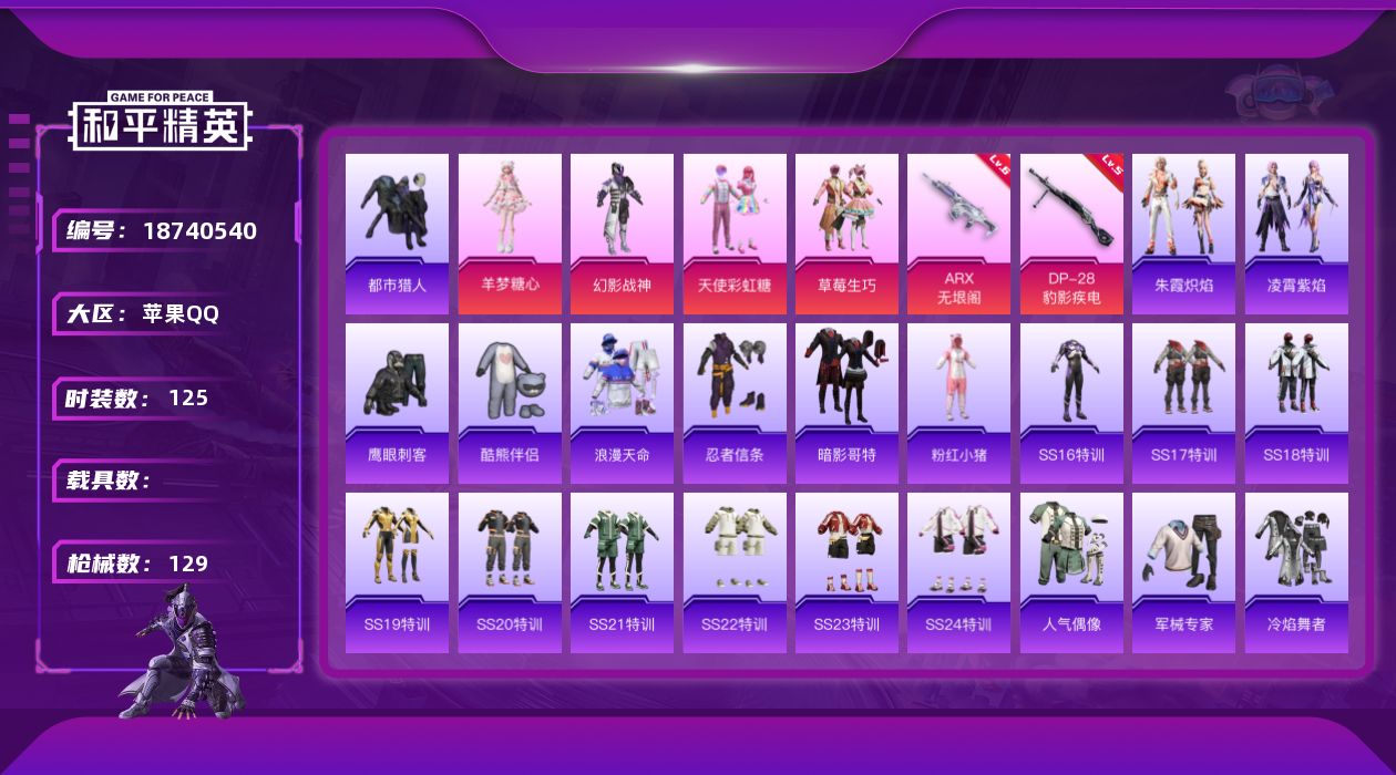 和平精英账号苹果QQ[18740540]125套装/枪械4/装备157/战备98/王牌印记1/热力值42669/二级ACE32-萌骑漫游/六级ARX-无垠阁/二级Mk14-福马献瑞/五级DP-28-豹影疾电/浪漫天命/都