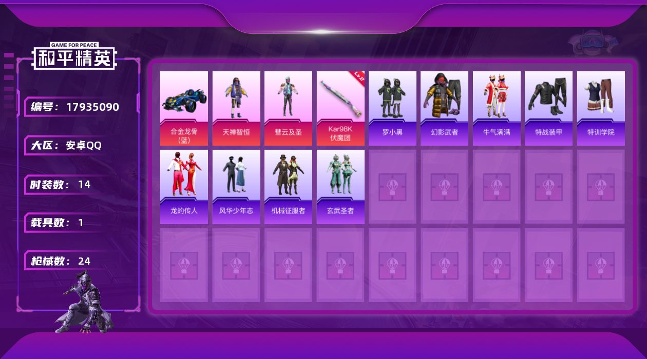 和平精英账号安卓QQ[17935090]有二次可直接换绑     地铁满天赋！！【特价出售/店主推荐】安卓 手Q-2粉装-1特效枪-1载具-0粉色飞行器-8307热力值-0王牌印记-14套装-24枪皮
【粉色套装】：粉装