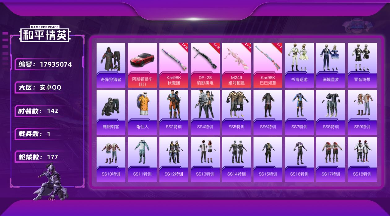 和平精英账号安卓QQ[17935074]【特价出售/店主推荐】安卓 手Q-0粉装-5特效枪-1载具-1粉色飞行器-51373热力值-11王牌印记-142套装-177枪皮
【热门品类】：套装-奇异狩猎者，套装-SS1特训，