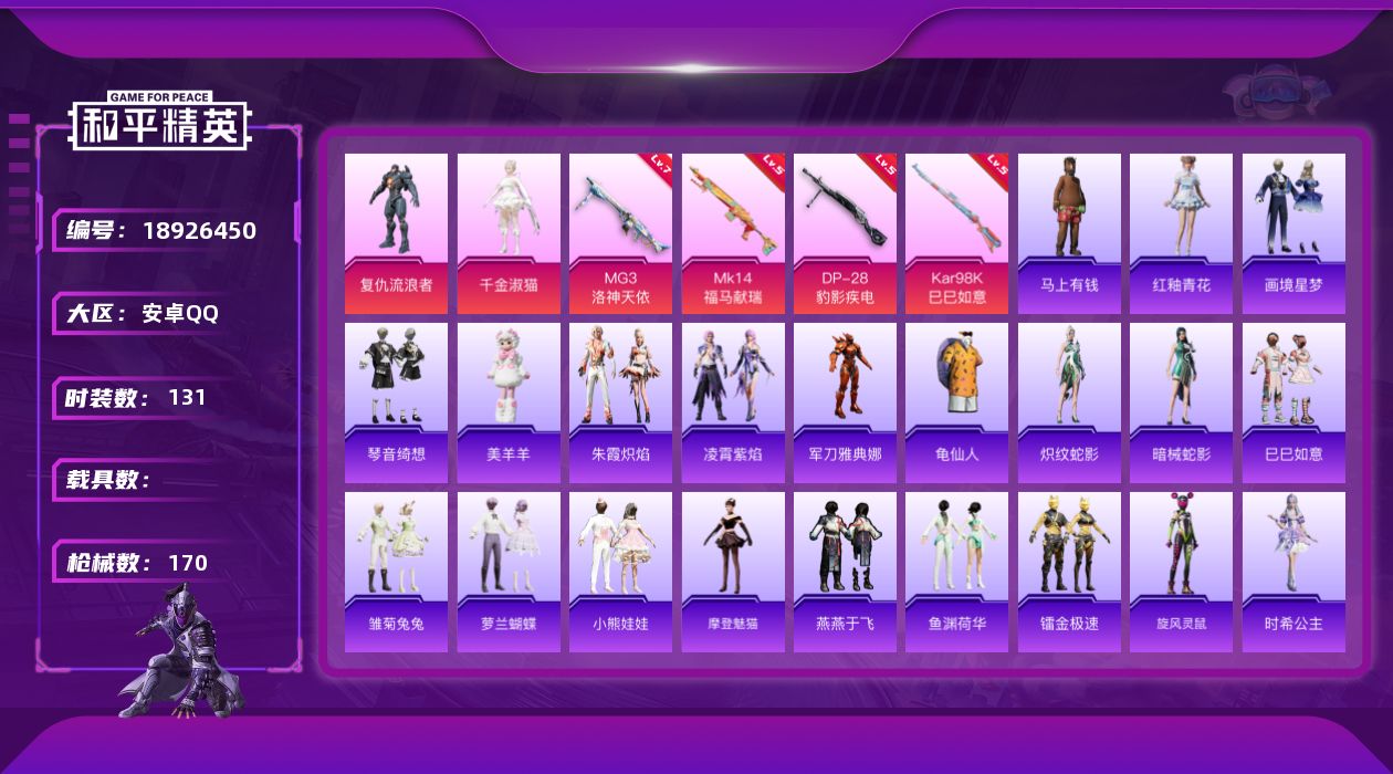 和平精英账号安卓QQ[18926450]【820】安卓 手Q-2粉装-4特效枪-0载具-1粉色飞行器-47779热力值-12王牌印记-131套装-170枪皮
【热门品类】：角色-军刀雅典娜，套装-龟仙人
【粉色套装】：角
