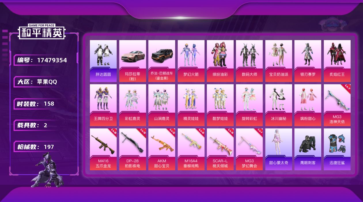 和平精英账号苹果QQ[17479354]苹果 手Q-15粉装-9特效枪-2载具-3粉色飞行器-78562热力值-7王牌印记-158套装-197枪皮
【热门品类】：粉装-梦幻火箭，粉装-缤纷油彩，套装-浪漫天命，套装-小丑