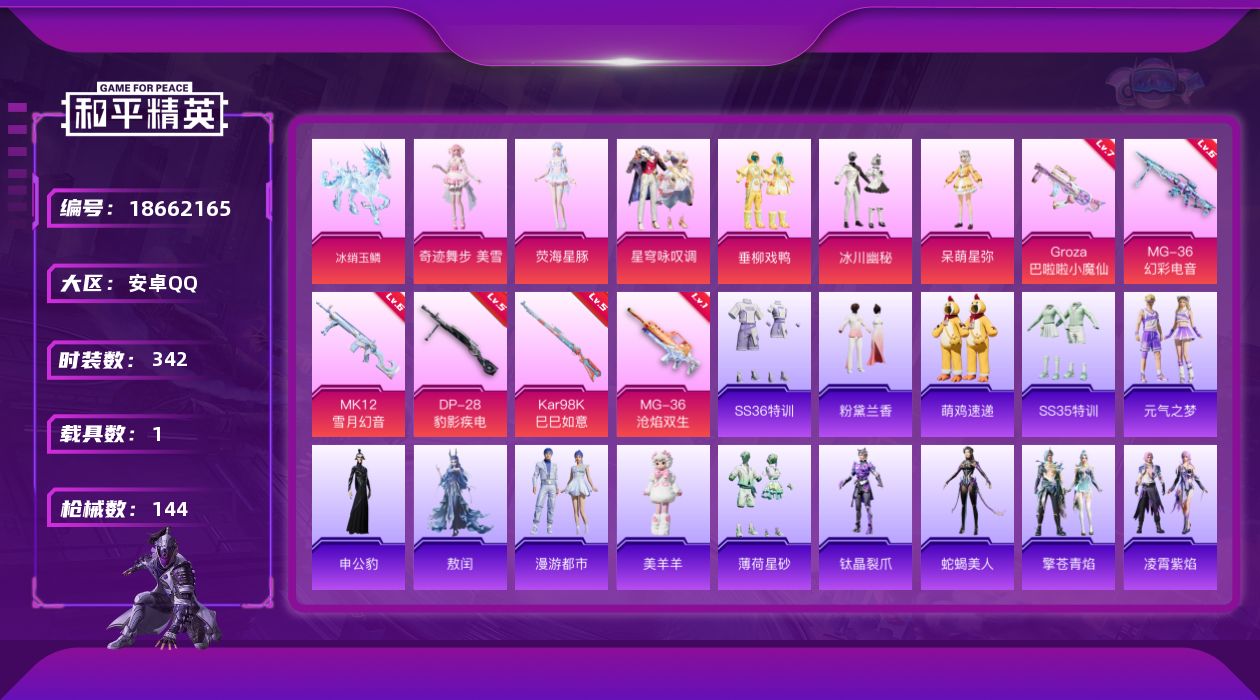 和平精英账号安卓QQ1载具-83套装-144枪皮-1载具-83套装-144枪皮-Q场景限制-1稀有1载具6粉装6特效枪3热门83套装144枪皮 42839热力值 4印记 历史卓越王牌25星 【1稀有】 AKM-缤纷海域 