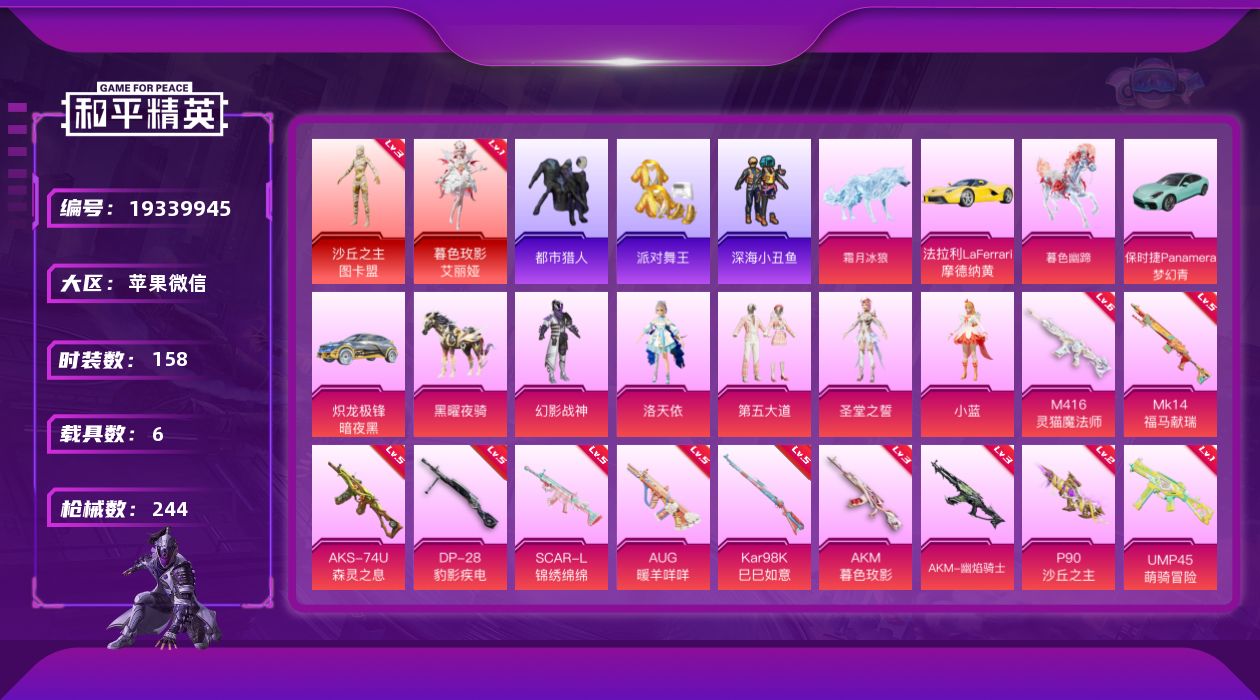 和平精英账号苹果微信[19339945]DAS12205包人脸 苹果V-2红装3稀有6载具5粉装11特效枪7热门158套装243枪皮 81957热力值 9印记 历史传奇王牌15星   暮色玫影-艾丽娅 (1级) 沙丘之主