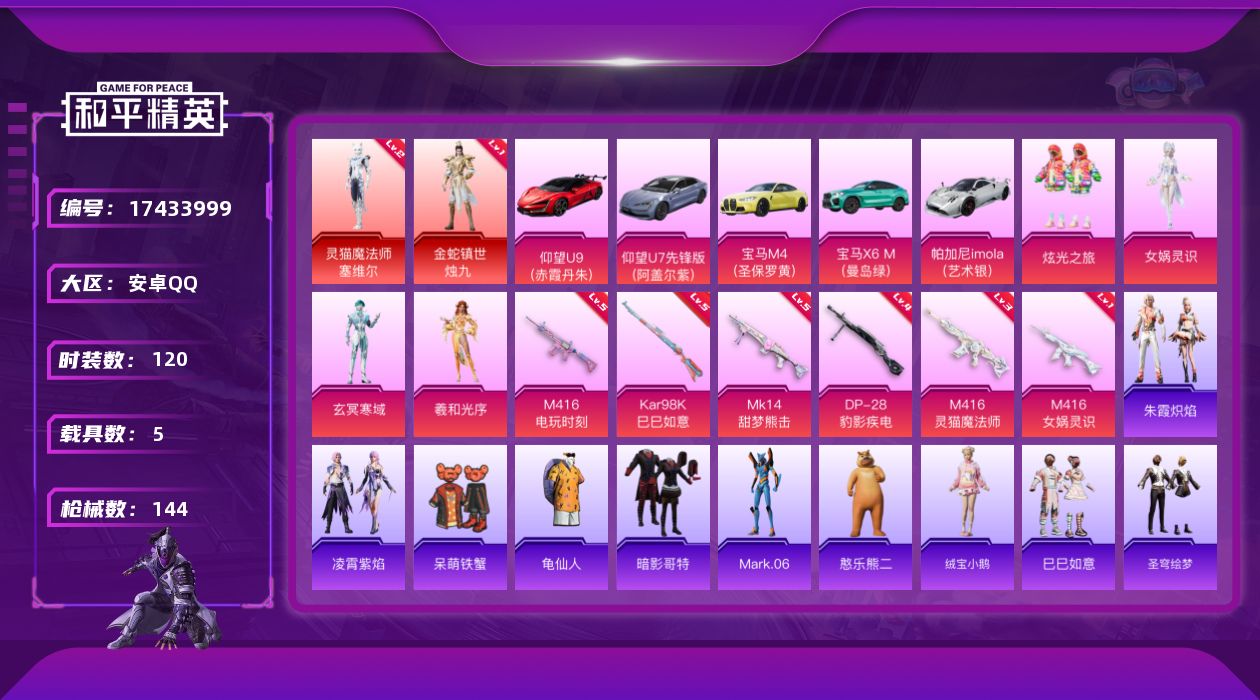 和平精英账号安卓QQ[17433999]【店主推荐捡漏号！可直接换绑】安卓 手Q-2神装-4粉装-6特效枪-5载具-2粉色飞行器-53375热力值-2王牌印记-120套装-144枪皮
【红色神装等级】：灵猫魔法师-塞维尔