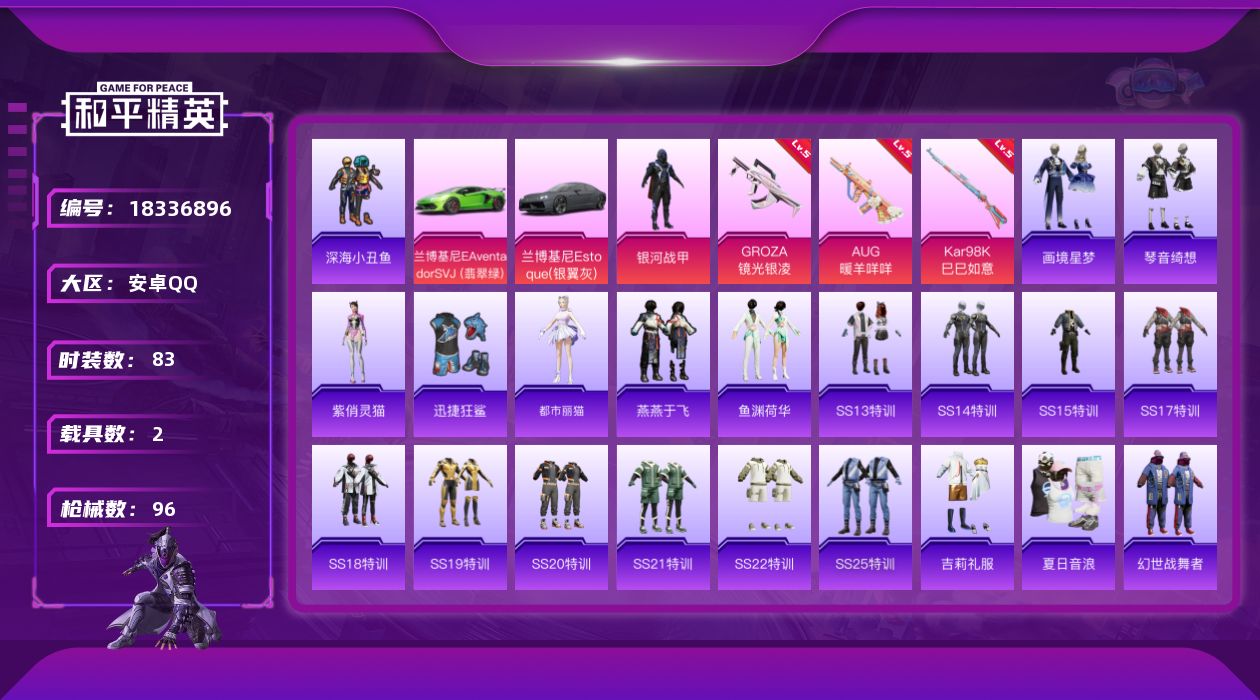 和平精英账号安卓QQ[18336896]安卓 手Q-1粉装-4特效枪-2载具-0粉色飞行器-29738热力值-3王牌印记-83套装-96枪皮
【热门品类】：套装-深海小丑鱼
【粉色套装】：粉装-银河战甲
【粉色枪皮等级】