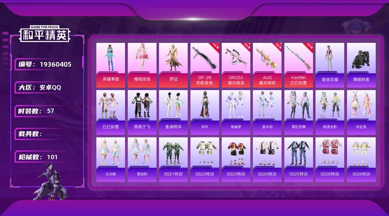 和平精英账号安卓QQ[19360405]安卓手Q-3粉装-4特效枪-26112热力值-7王牌印记-57套装-101枪皮
【粉色套装】：角色-樱桃泡泡，角色-罗征，角色-异瞳寒姬
【粉色枪皮等级】：GROZA-镜光银凌(五