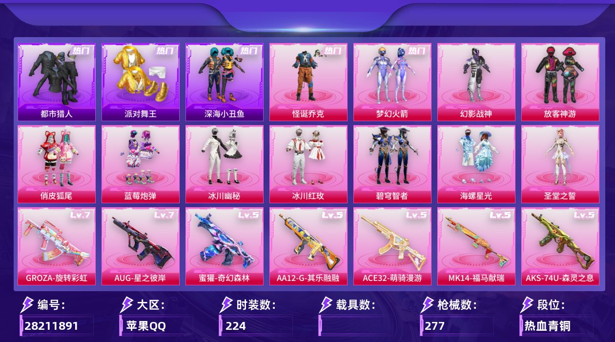 [28211891]苹果手Q-历史最高段位：传奇王牌15星-11粉装-10特效枪-6粉色飞行器-87542热力值-14王牌印记-224套装-277枪皮
【热门品类】：粉装-怪诞乔克，粉装-梦幻火箭，套装-浪漫天命，套装-都市猎人，套装-派对舞王，套装-深海小丑鱼，套装-小丑鱼，套装-暗夜行者，套装-暗夜之虎，套装-龟仙人，套装-暗影哥特
【粉色套装】：粉装-幻影战神，粉装-怪诞乔克，粉装-梦幻火箭，粉装-放客神游，粉装-俏皮狐尾，粉装-蓝莓炮弹，粉装-冰川幽秘，粉装-冰川红玫，粉装-碧穹智者，粉装-海螺星光，角色-圣堂之誓
【粉色枪皮等级】：GROZA-旋转彩虹(七级)，AUG-星之彼岸(七级)，蜜獾-奇幻森林(五级)，ACE32-萌骑漫游(五级)，汤姆逊-玉魄流云(二级)，AKS-74U-森灵之息(五级)，Kar98K-巳巳如意(五级)，Mk14-福马献瑞(五级)，AA12-G-其乐融融(五级)，DP-28-豹影疾电(五级)
【粉色枪皮】：GROZA-旋转彩虹，AUG-星之彼岸，蜜獾-奇幻森林，ACE32-萌骑漫游，汤姆逊-玉魄流云，AKS-74U-森灵之息，Kar98K-巳巳如意，Mk14-福马献瑞，AA12-G-其乐融融，DP-28-豹影疾电
【粉色飞行器】：炫彩糖果飞行器，梦幻火箭飞行器，桃夭倾城飞行器，星际浪客飞行器，繁龙极客飞行器，极意拳锋飞行器
【粉色降落伞】：绝对恒星降落伞，破风疾驰降落伞，梦幻火箭降落伞，星之彼岸降落伞，蓝莓炮弹降落伞，碧影闪光降落伞，彩虹甜喵降落伞，旋转彩虹降落伞，冰川粉黛降落伞，暗夜鎏金降落伞，圣堂之誓降落伞，月影灵韵降落伞，星穹咏叹调降落伞，炫彩糖果降落伞，幻音九尾降落伞
【稀有套装】：套装-龟仙人，套装-巳巳如意，套装-雪国风尚，套装-炫彩糖果，角色-奈斯，套装-马上来财，套装-云宝联名款，套装-其乐融融，套装-彩旗巡礼，套装-恋语绒绒，套装-绝刃双刀，套装-荒原烈焰，套装-云水剑心，套装-冰河战士，套装-香桃花海，套装-糖糖葫芦，套装-青团波波，套装-棉花软糖，角色-摩登魅猫，角色-临安公主，套装-燕燕于飞，套装-鱼渊荷华，套装-极速光影，套装-朱霞炽焰，套装-凌霄紫焰，套装-擎苍青焰，角色-紫俏灵猫，套装-书海巡游，套装-画境星梦，套装-琴音绮想，套装-雨过天青，套装-红釉青花，角色-皓月伶影，套装-樱桃速写
【稀有枪皮】：AUG-冰晶雪