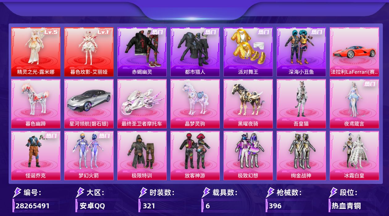 [28265491]安卓手Q-历史最高段位：超级王牌20星-2神装-24粉装-19特效枪-6载具-7粉色飞行器-144837热力值-19王牌印记-321套装-396枪皮
【红色神装等级】：暮色玫影-艾丽娅(一级)，精灵之光-露米娜(五级)
【红色角色神装】：暮色玫影-艾丽娅，精灵之光-露米娜
【热门品类】：粉装-怪诞乔克，粉装-梦幻火箭，套装-浪漫天命，套装-赤蝎幽灵，套装-都市猎人，套装-派对舞王，套装-深海小丑鱼，套装-小丑鱼，套装-暗夜之虎，套装-龟仙人，套装-粉红小猪
【粉色套装】：粉装-极限特训，粉装-怪诞乔克，粉装-梦幻火箭，粉装-放客神游，粉装-极致幻想，粉装-绚金战神，粉装-冰霜白皇，粉装-炙焰红王，粉装-橘柚倾心，粉装-暖熊萌萌，粉装-灵感创作师，粉装-寒光使者，粉装-暗夜鎏金，角色-小可学妹，粉装-未来歌姬，角色-烟云彩露，套装-创世·救赎，角色-女娲灵识，粉装-星月云朵，角色-智耀战神，角色-狂魅哈莉，角色-绯穹魔姬，角色-夜鸢箴言，角色-吾皇猫
【粉色枪皮等级】：Vector-流风之羽(四级)，AKM-暮色玫影(三级)，SCAR-L-锦绣绵绵(三级)，SCAR-L-云端童话(五级)，M416-风花雪月(五级)，M416-灵猫魔法师(三级)，GROZA-镜光银凌(五级)，蜜獾-奇幻森林(五级)，UMP45-萌骑冒险(五级)，汤姆逊-玉魄流云(五级)，AKS-74U-星穹咏叹调(四级)，P90-诸神·破晓(五级)，Kar98K-巳巳如意(五级)，Mk14-福马献瑞(五级)，M417-第五大道(四级)，AA12-G-其乐融融(五级)，SPAS-12-蜜语绒猫(四级)，DP-28-豹影疾电(五级)，MG3-洛神天依(七级)
【粉色载具】：法拉利LaFerrari（赛车红），星河领航（磐石银），最终圣卫者摩托车，晶梦灵驹，黑曜夜骑，暮色幽蹄
【粉色枪皮】：Vector-流风之羽，AKM-暮色玫影，SCAR-L-锦绣绵绵，SCAR-L-云端童话，M416-风花雪月，M416-灵猫魔法师，GROZA-镜光银凌，蜜獾-奇幻森林，UMP45-萌骑冒险，汤姆逊-玉魄流云，AKS-74U-星穹咏叹调，P90-诸神·破晓，Kar98K-巳巳如意，Mk14-福马献瑞，M417-第五大道，AA12-G-其乐融融，SPAS-12-蜜语绒猫，DP-28-豹影疾电，MG3-洛神天依
【粉色飞行