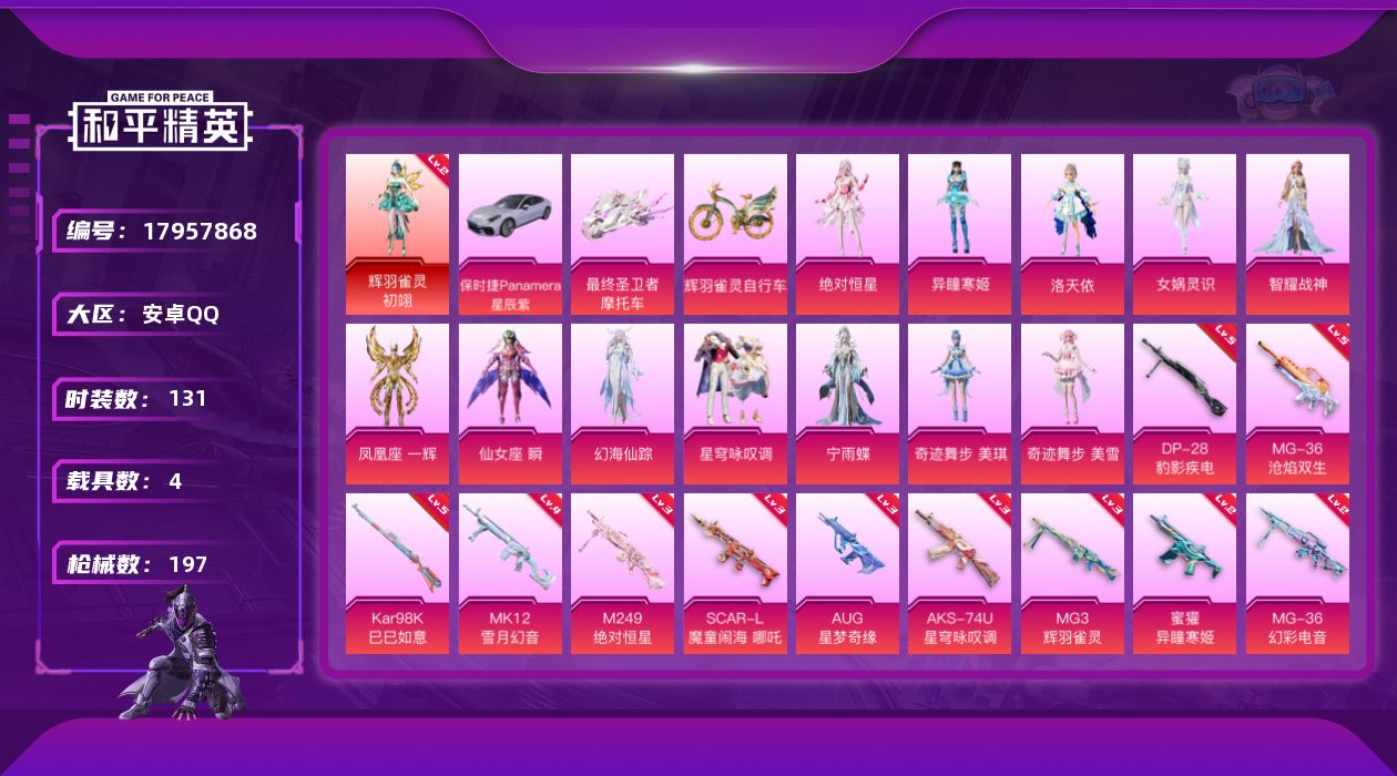 和平精英账号安卓QQ[17957868]安卓 手Q-2神装-17粉装-18特效枪-4载具-17粉色飞行器-78174热力值-5王牌印记-131套装-197枪皮
【红色神装等级】：暮色玫影-艾丽娅(四级)，辉羽雀灵-初翊(