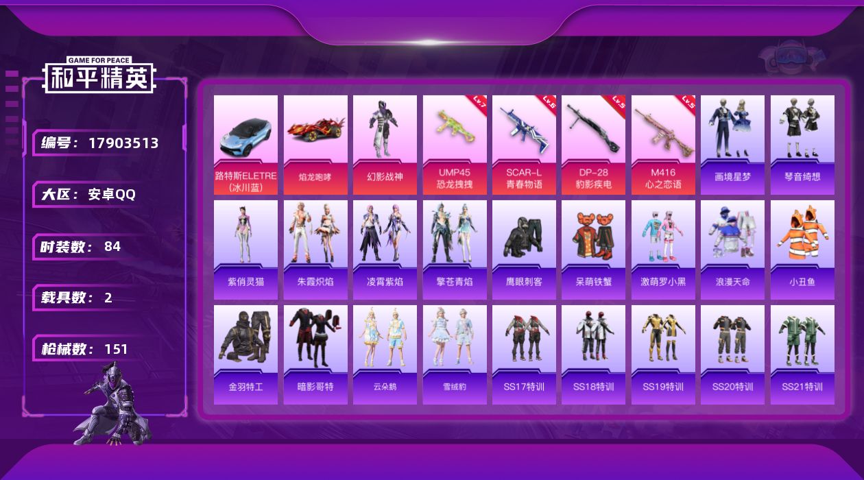 和平精英账号安卓QQ[17903513]可二次【特价出售/店主推荐】/绝世印记1 安卓 手Q-1粉装-8特效枪-2载具-1粉色飞行器-42885热力值-12王牌印记-84套装-151枪皮【热门品类】：套装-浪漫天命，套装