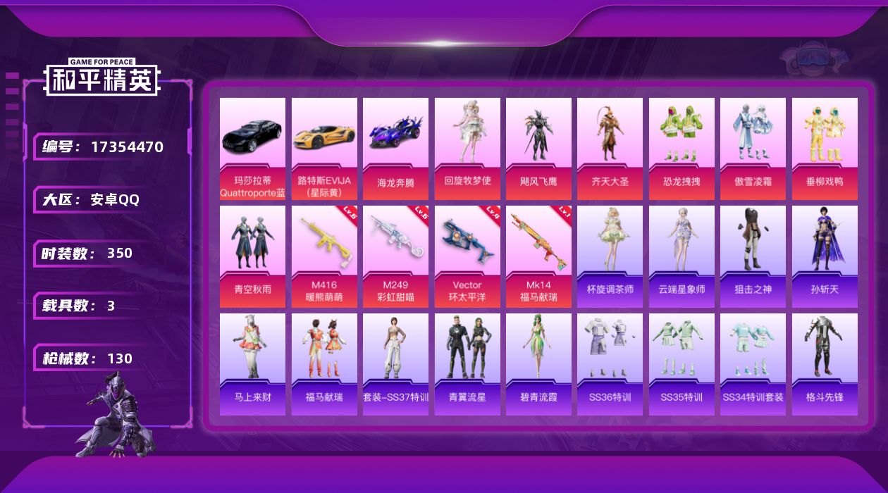 和平精英账号安卓QQ【精品号手慢无】7粉装，4特效枪，3载具，54级卓越收藏家，飓风飞鹰,齐天大圣,恐龙拽拽,傲雪凌霜,