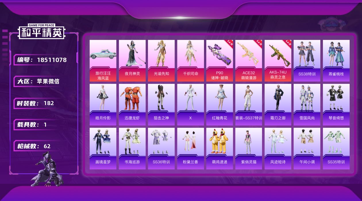 和平精英账号苹果微信[18511078]时装数: 182 载具数: 1 枪械数: 62 战备数: 42 热门装扮: 迅捷