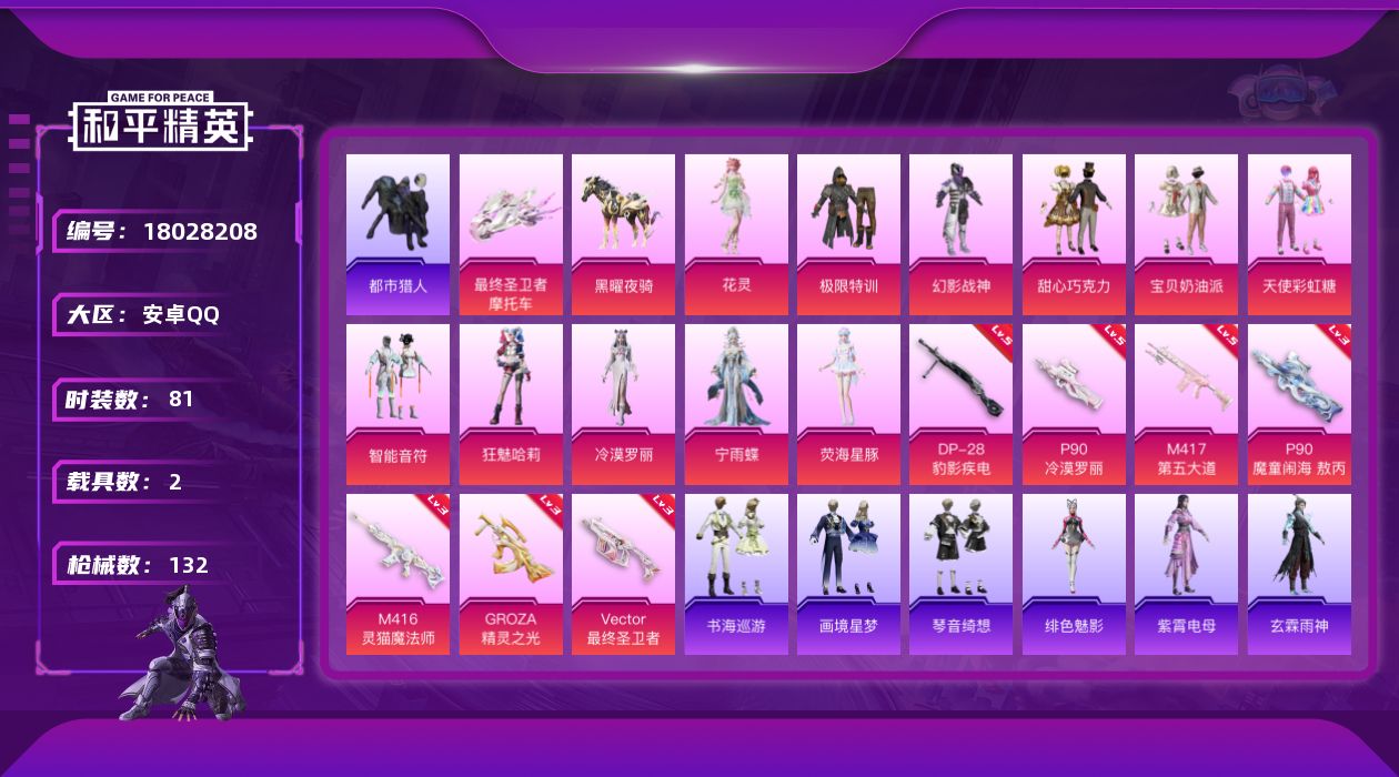 和平精英账号安卓QQ[18028208]【店主推荐捡漏号！可直接换绑】安卓 手Q-12粉装-9特效枪-2载具-12粉色飞行器-48713热力值-5王牌印记-81套装-132枪皮【热门品类】：套装-浪漫天命，套装-都市猎人