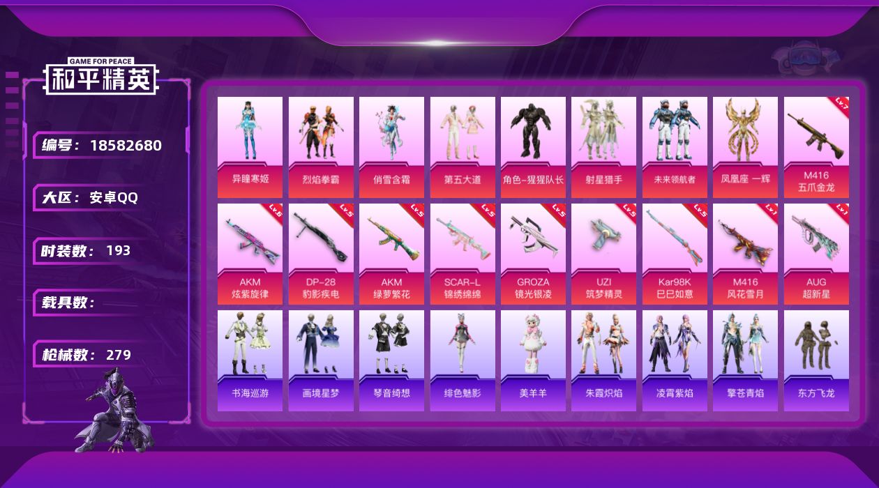 和平精英账号安卓QQ[18582680]【钱包无法注销 不影响游戏和账号安全】【和平精英连体王者荣耀】时装数: 193 