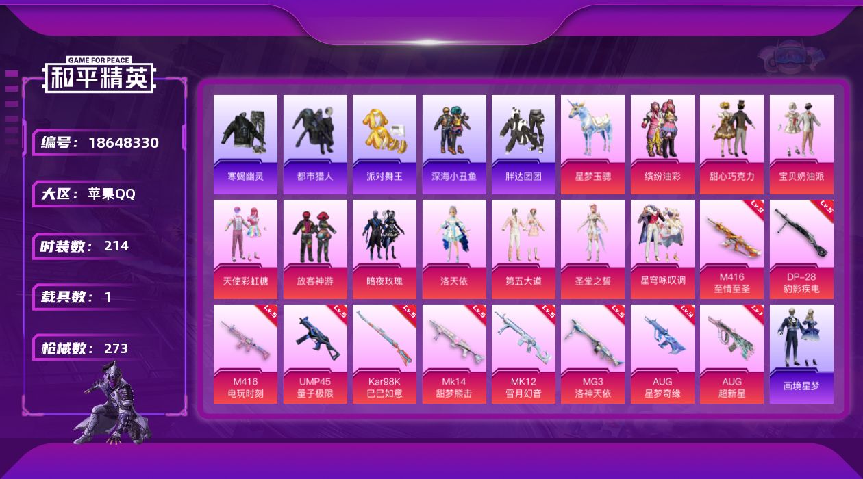 和平精英账号苹果QQ[18648330]苹果 手Q-10粉装-11特效枪-1载具-3粉色飞行器-85193热力值-17王牌印记-214套装-273枪皮
【热门品类】：粉装-缤纷油彩，套装-寒蝎幽灵，套装-浪漫天命，套装-