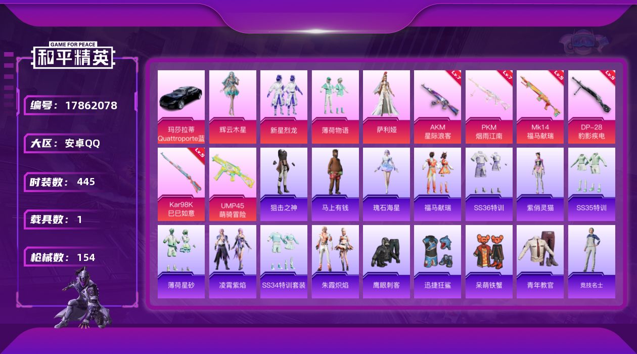 和平精英账号安卓QQ4粉装 6特效枪 1载具 7印记 可二次 
【热门装扮】萨利娅,辉云木星,新星烈龙(小白龙),薄荷物