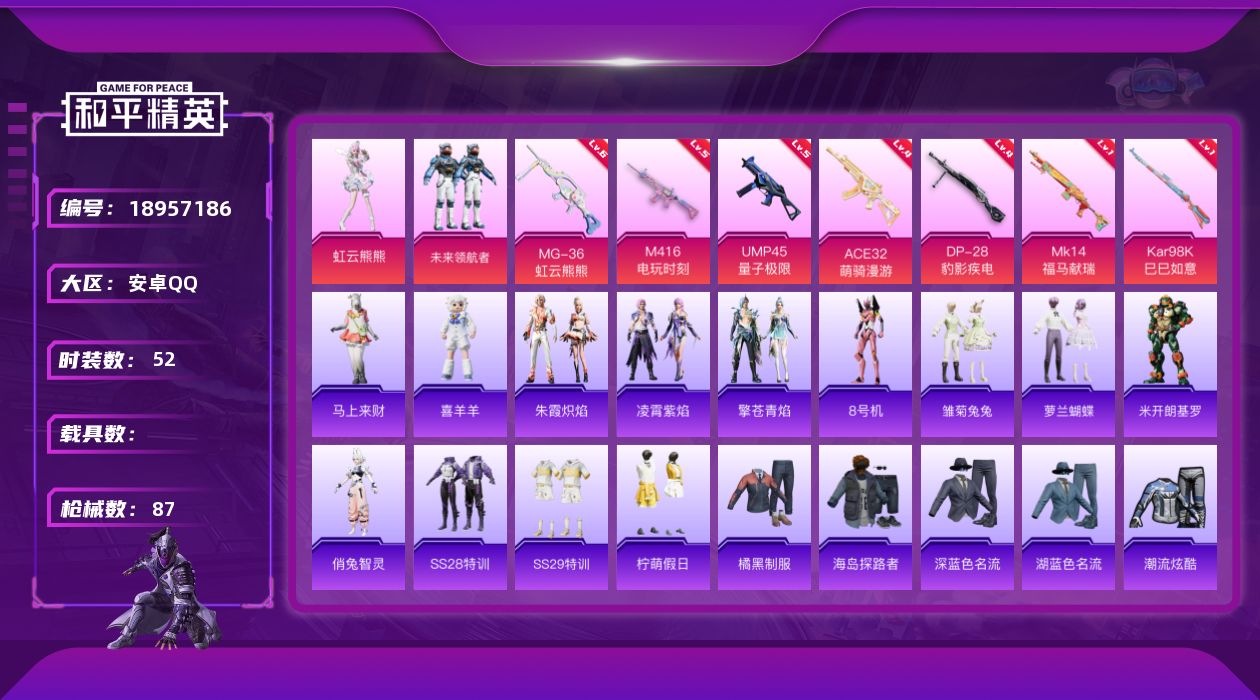 和平精英账号安卓QQ[18957186]安卓 手Q-2粉装-7特效枪-0载具-2粉色飞行器-23854热力值-1王牌印记-52套装-87枪皮
【热门品类】：角色-8号机
【粉色套装】：粉装-未来领航者，角色-虹云熊熊
【