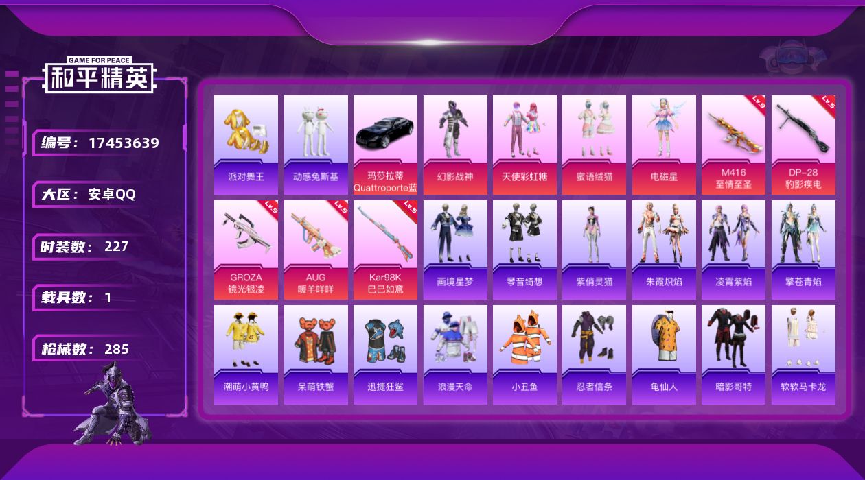 和平精英账号安卓QQ[17453639]【特价出售/店主推荐】安卓 手Q-无敌战神框-4粉装-5特效枪-1载具-2粉色飞行器-87487热力值-20王牌印记-227套装-285枪皮
【热门品类】：绝对防御上衣，套装-浪漫