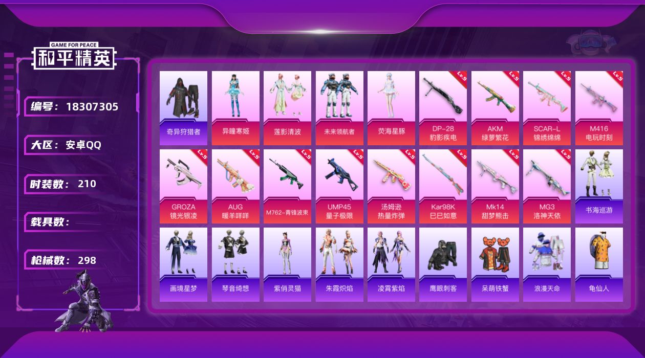 和平精英账号安卓QQ[18307305]【和平精英连体王者荣耀】时装数: 809 枪械数: 298 战备数: 227 热