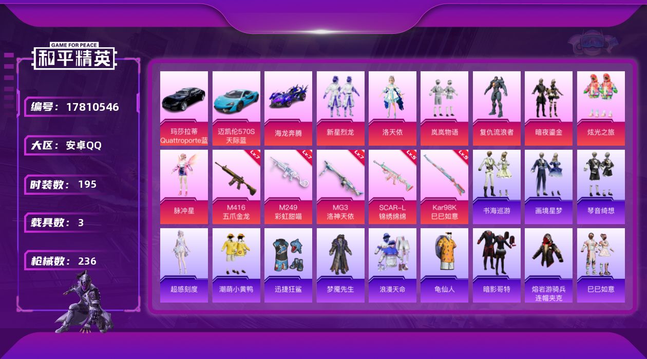 和平精英账号安卓QQ[17810546]安卓 手Q-7粉装-8特效枪-3载具-1粉色飞行器-76647热力值-12王牌印记-195套装-236枪皮
【热门品类】：套装-浪漫天命，套装-龟仙人，套装-潮萌小黄鸭，套装-暗影