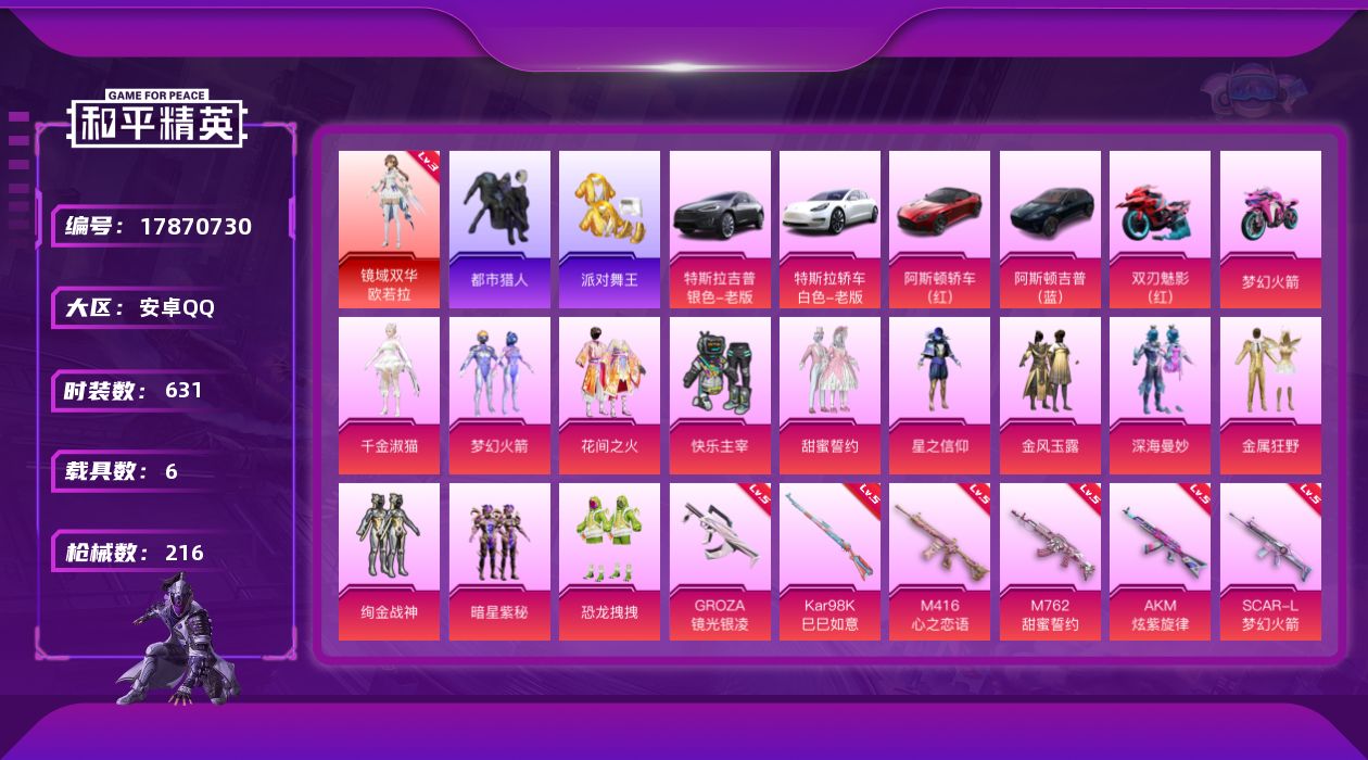 和平精英账号安卓QQ6载具-167套装-216枪皮-欧若拉3级 都市 金鞋子 m4墨龙 -1红装3稀有6载具12粉装15