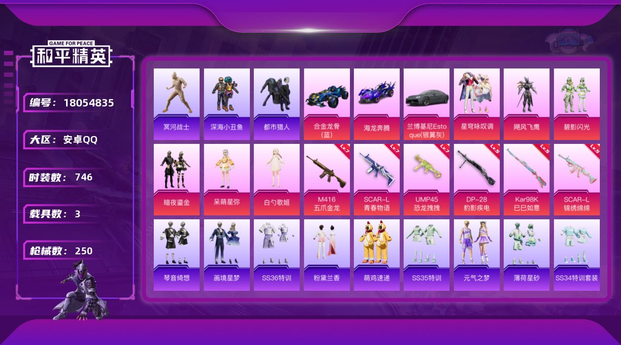和平精英账号安卓QQ3载具-198套装-250枪皮-木乃伊 都市 m4黄金龙骨4稀有3载具6粉装9特效枪19热门198套